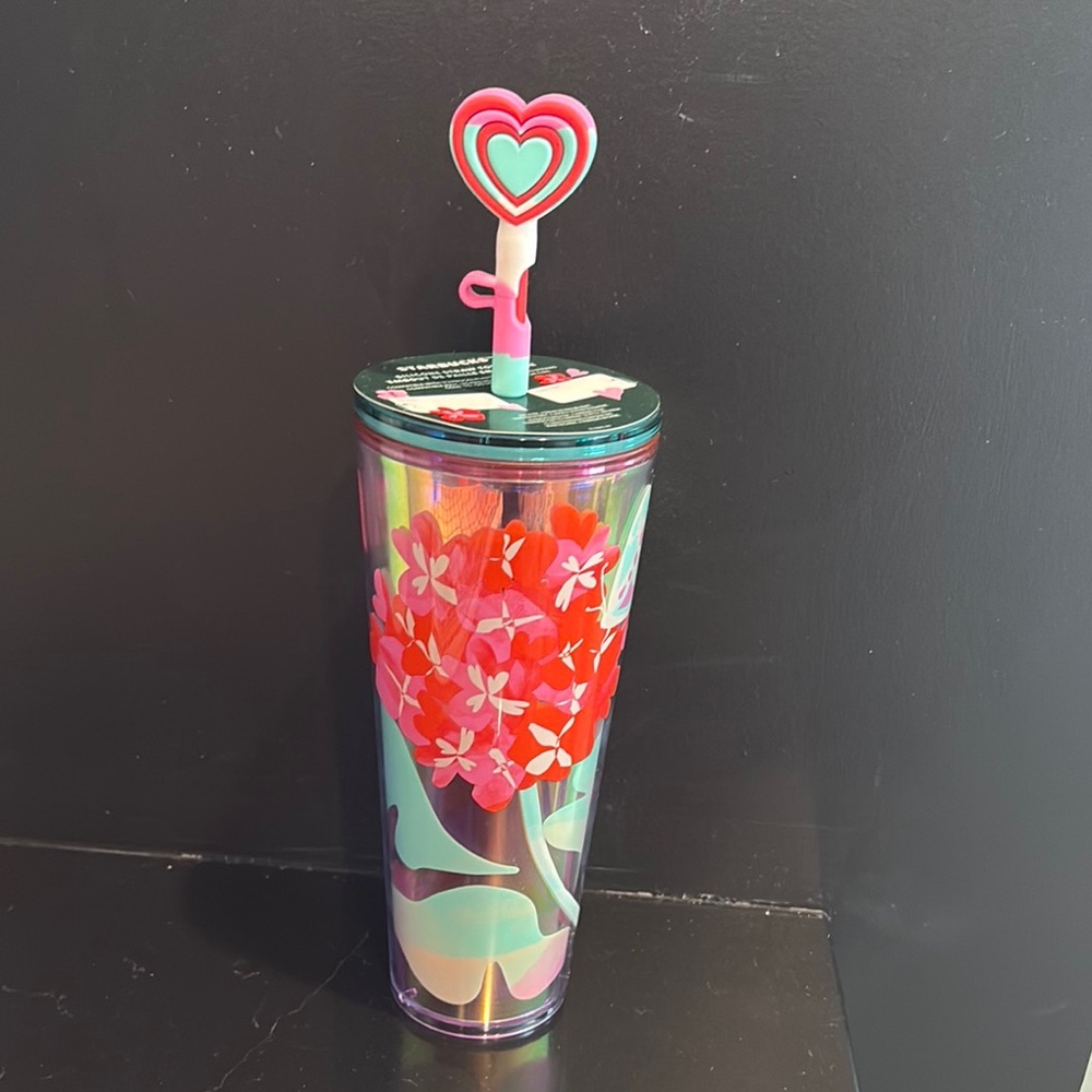 Starbucks Valentines Rare Floral Tumbler with Heart Straw